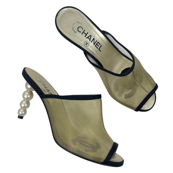 Chanel Mesh Goatskin Pearl Heel Mules Slip On Black Tan Size 37.5C - Picture 1 of 14